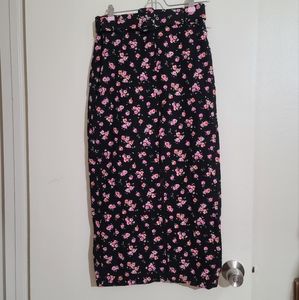 Zara Ankle Length Pencil Skirt Black Floral Print with Slit & Belt Size S NWT